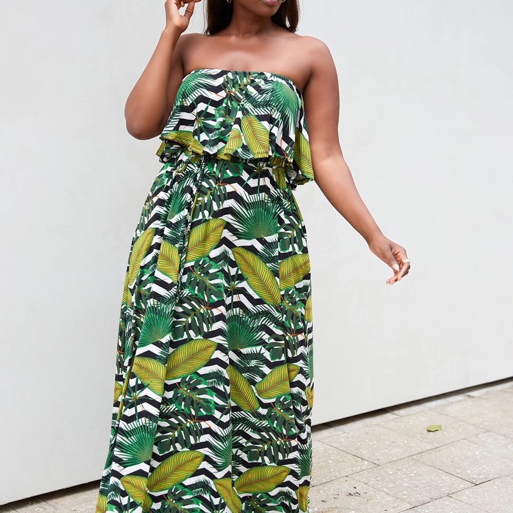 Tropical Leaf Print Strapless Maxi Dress